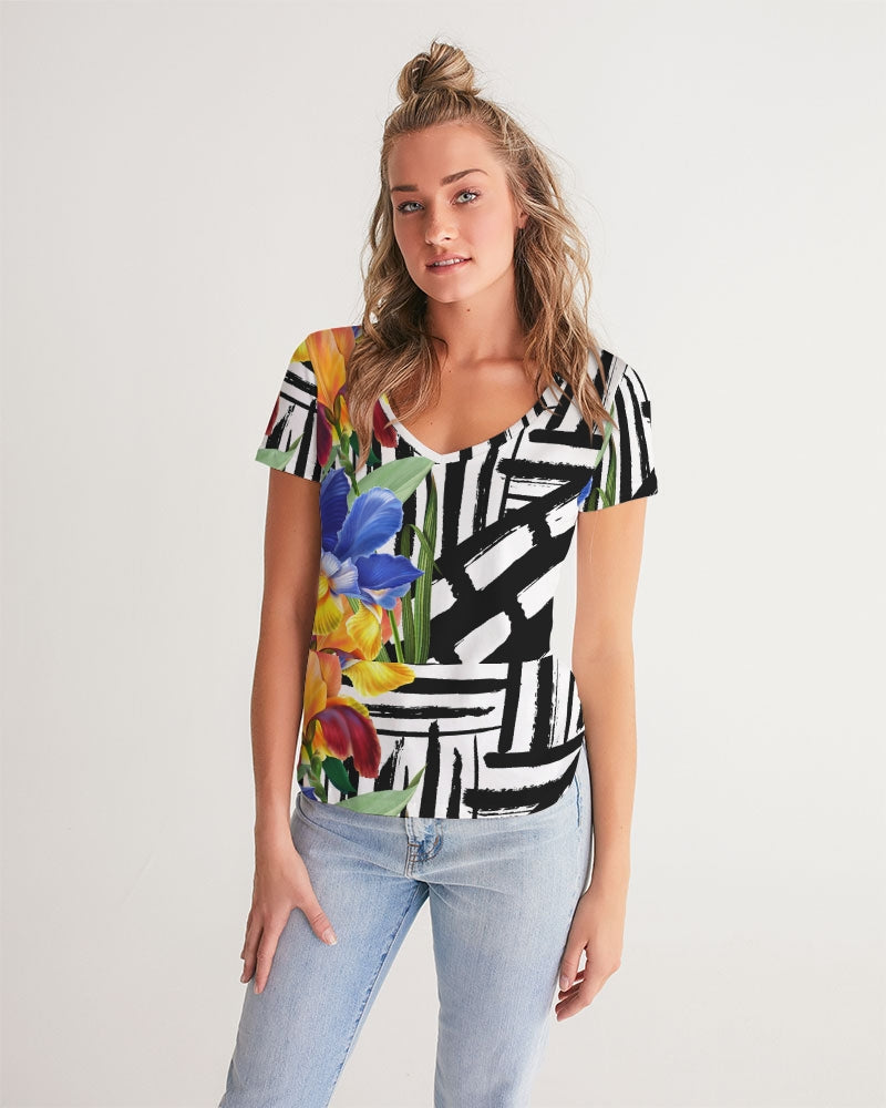 Black and White Floral V-Neck Tee