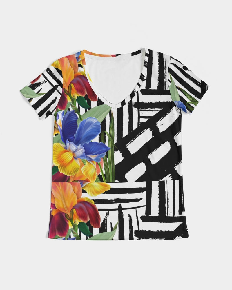 Black and White Floral V-Neck Tee