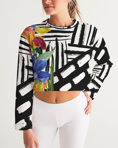 Black and White Floral Cropped Sweatshirt