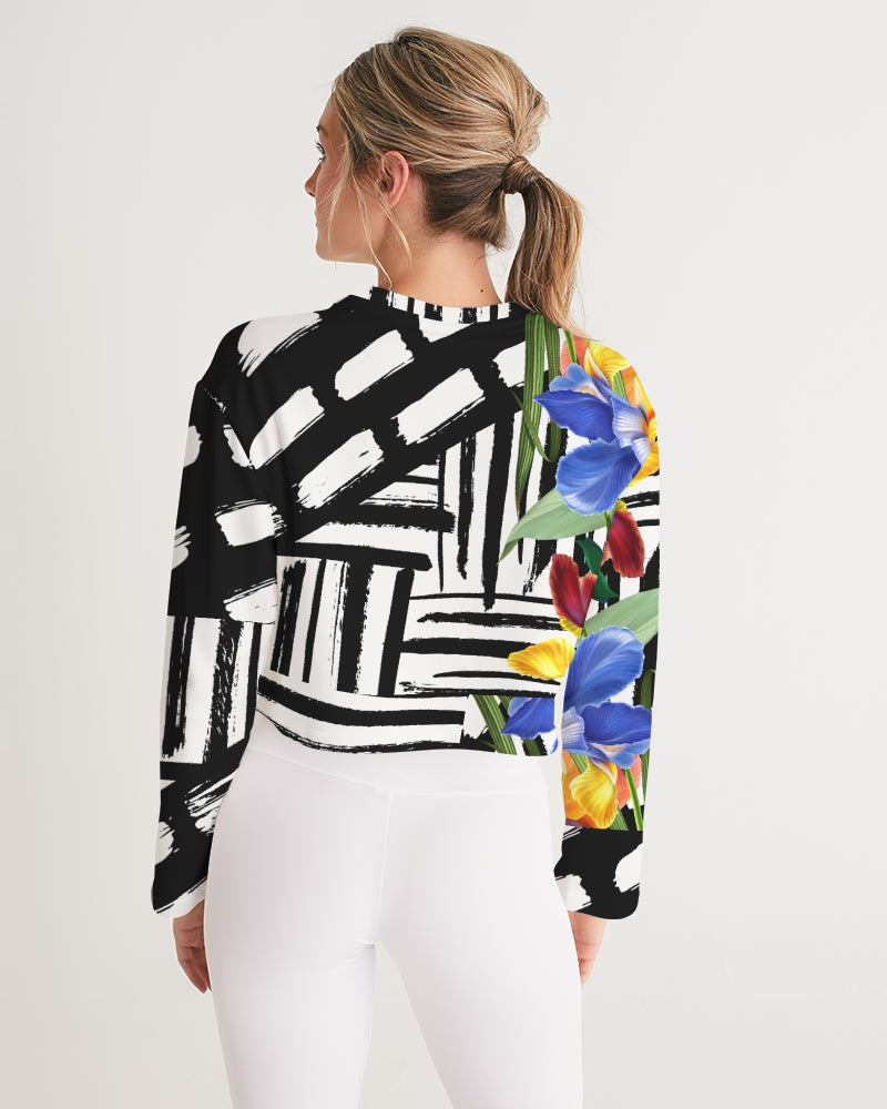 Black and White Floral Cropped Sweatshirt